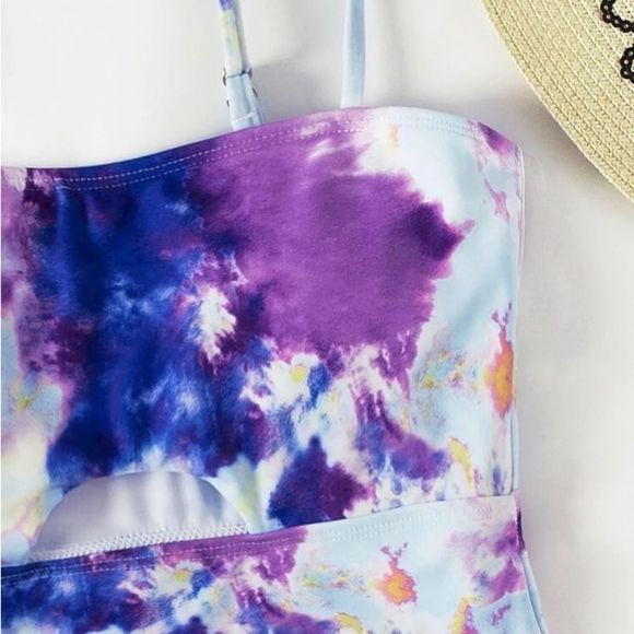 SOLD NWOT Shein Tie Dye Keyhole One Piece Swimsuit Blue Purple Size Large - Picture 7 of 14